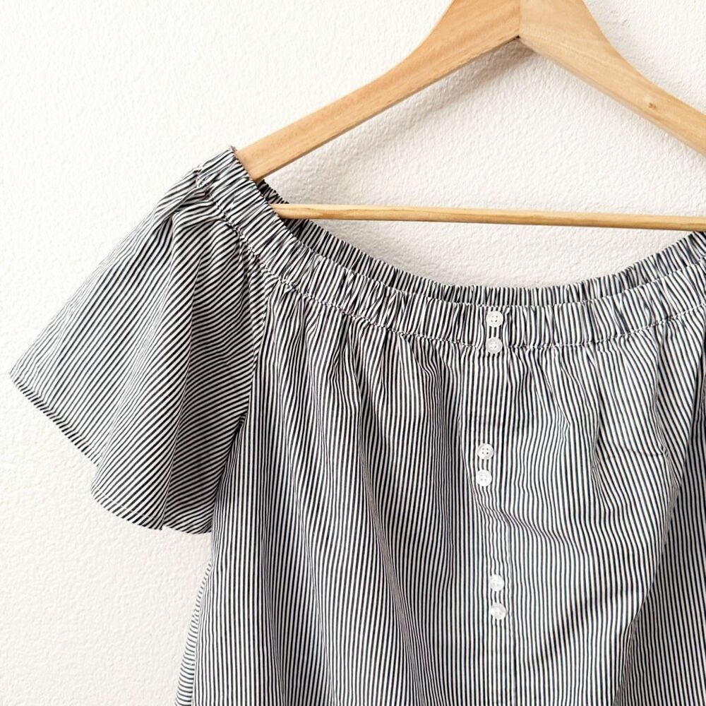 BP NORDSTROM | Banker Stripe Blouse Navy Blue White Off Shoulder | Size Medium